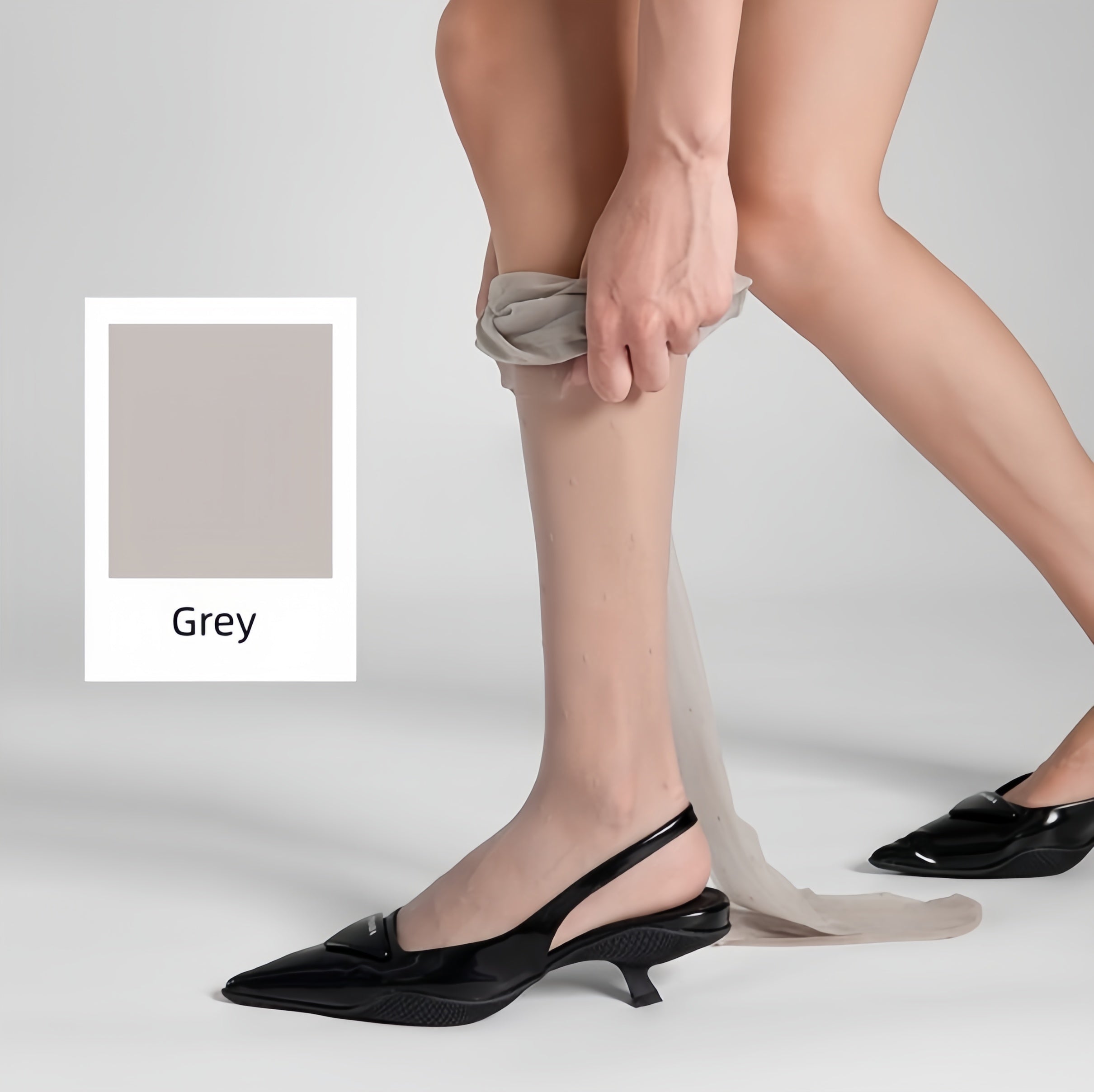 Elegant woman wearing ultra-sheer nylon tights with smooth texture and natural matte finish, lightweight pantyhose for everyday comfort and refined style.