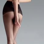 Elegant woman wearing ultra-sheer nylon tights with smooth texture and natural matte finish, lightweight pantyhose for everyday comfort and refined style.