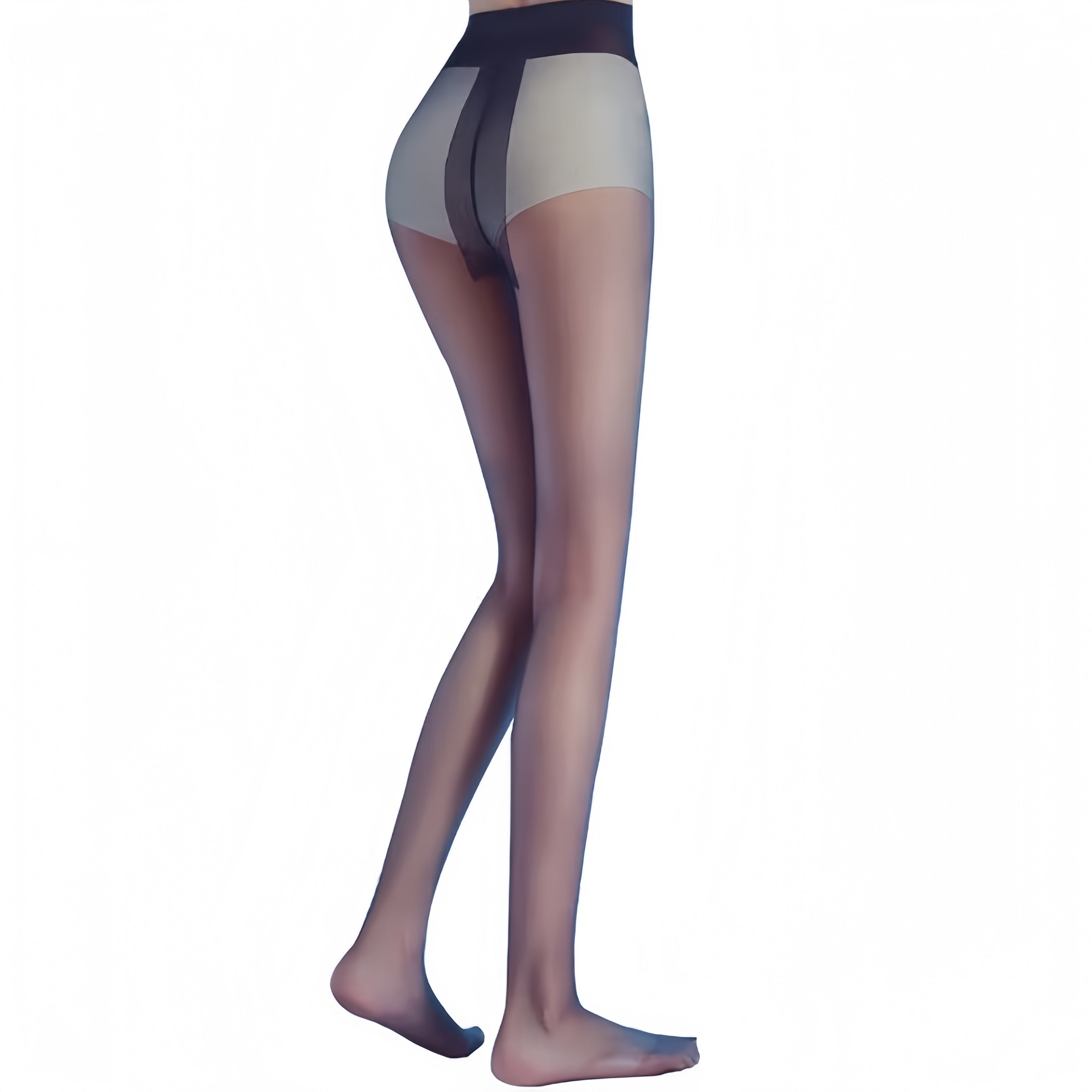 Premium ultra-sheer tights flat lay on clean background, transparent pantyhose made of nylon and elastane blend, minimal and elegant design.