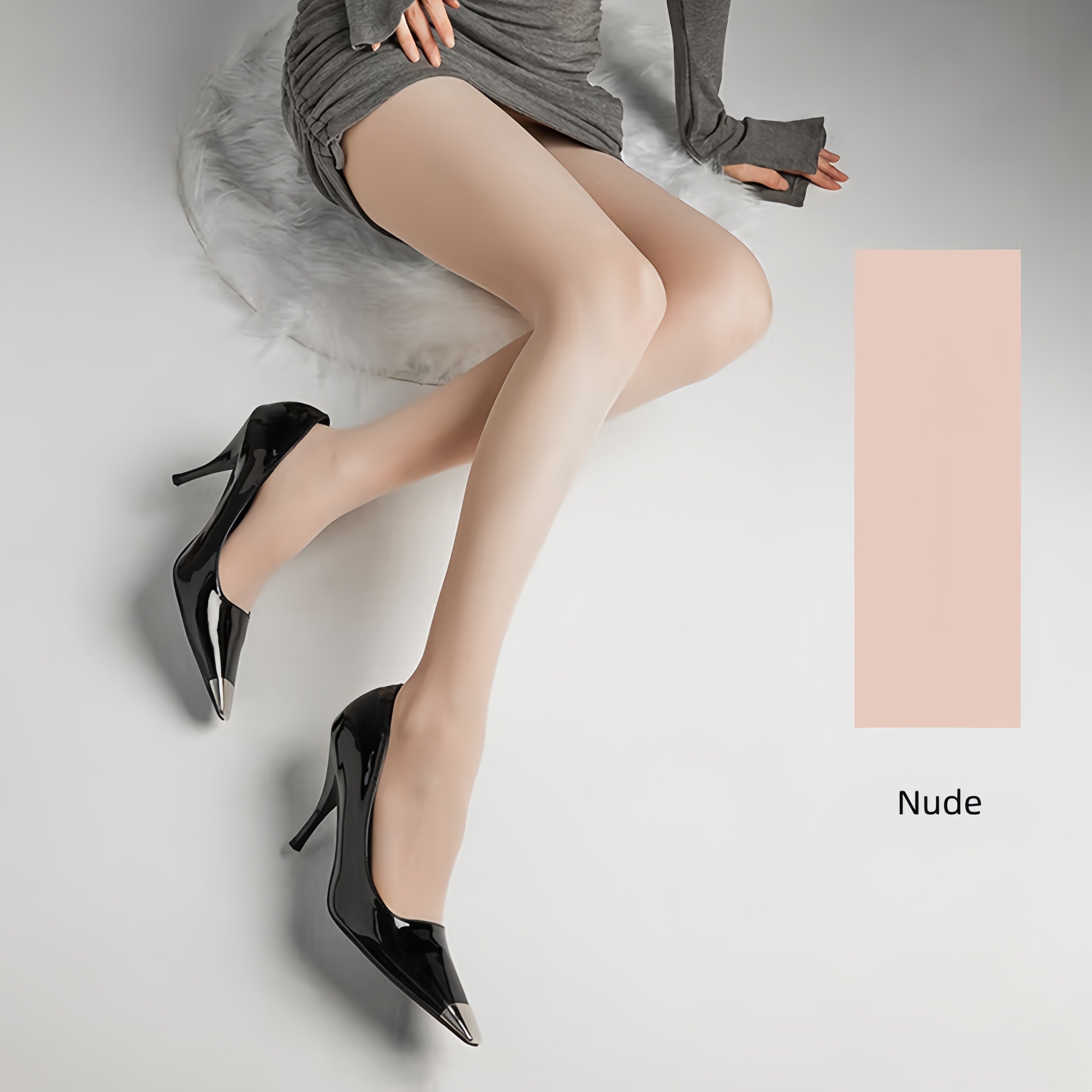 Elegant woman wearing ultra-sheer nylon tights with smooth texture and natural matte finish, lightweight pantyhose for everyday comfort and refined style.